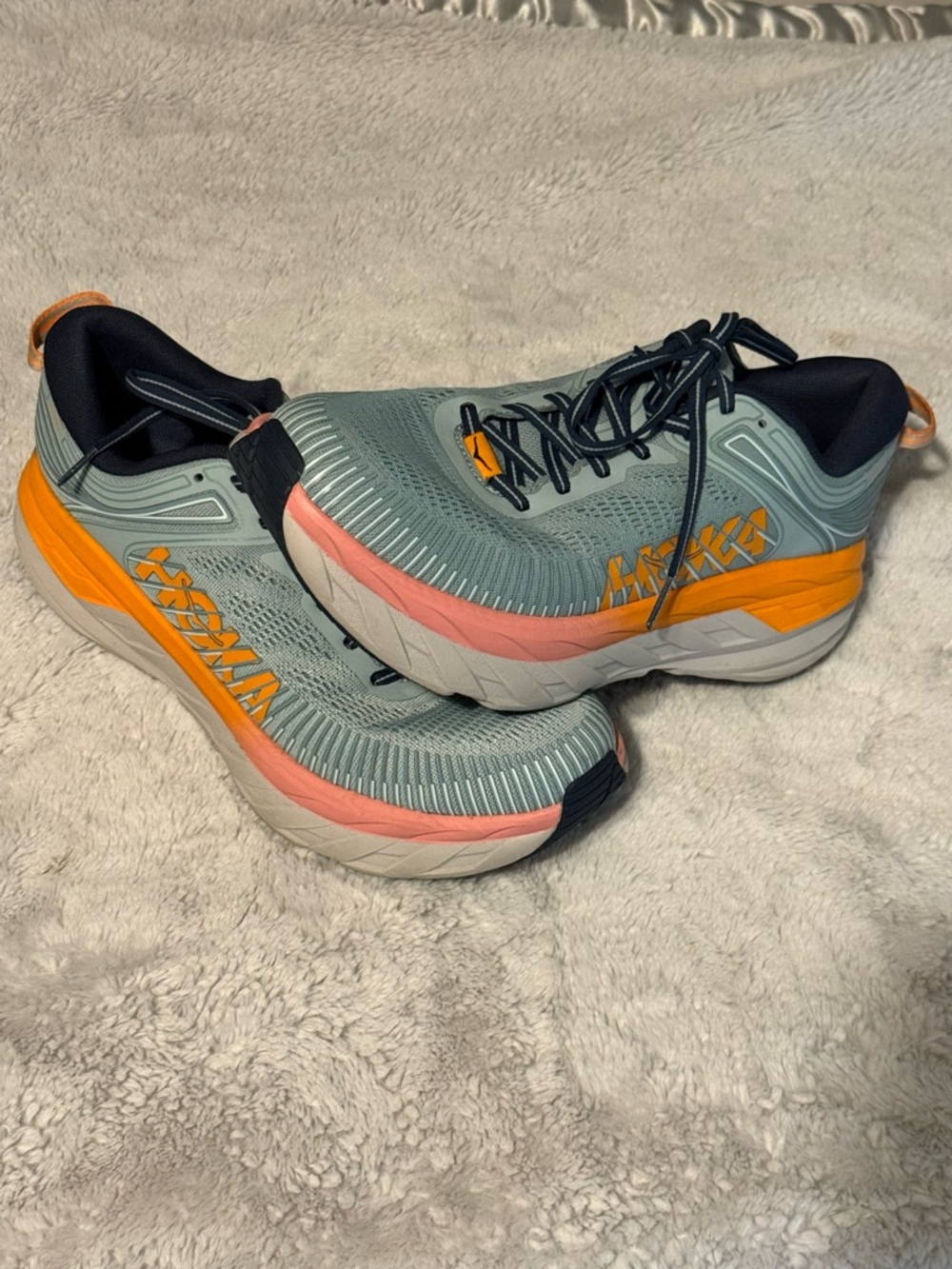 Hoka Men's Sage Green Running Shoes with Coral & Orange Accents